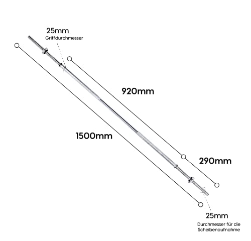 wuuhoo® barra de pesas Henry - 180cm / 150 cm / 120 cm barra de pesas 25mm, barra de acero cromado con cierre de estrella - equipo de fitness para el hogar, capacidad 70 kg - 90 kg 150 cm