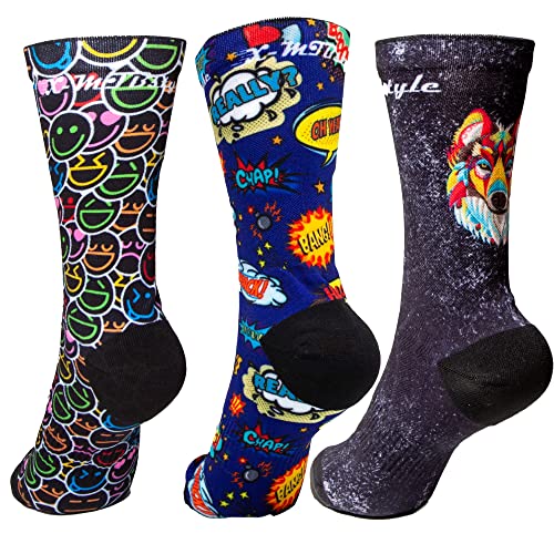 XMTBSTYLE Pack de 3 Calcetines de Deporte Hombre Mujer para Crossfit, Ciclismo, MTB, Running, Gimnasio (M (37-41), Emoji colorido, Comic, Lobo)