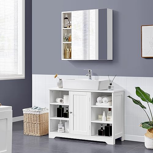 Yaheetech Armario de Baño de Pared con Espejo 70 × 15 × 65 cm 1 Estante de Altura Ajustable 2 Puertas 3 Taquillas Armario en Baño