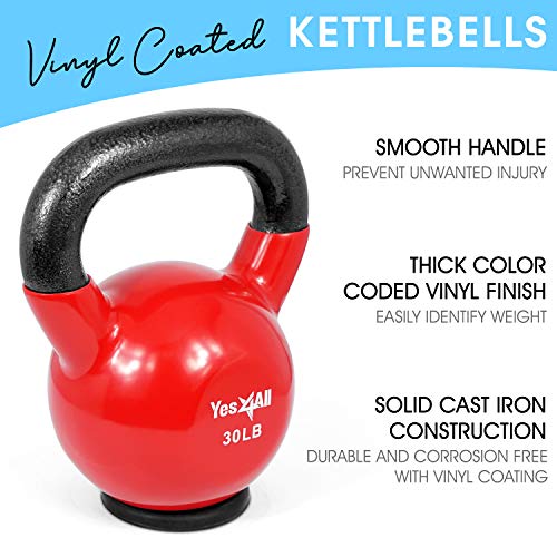 Yes4All K23E Kettlebell de hierro fundido con revestimiento de vinilo y base de goma protectora, rojo, 13,6 kg
