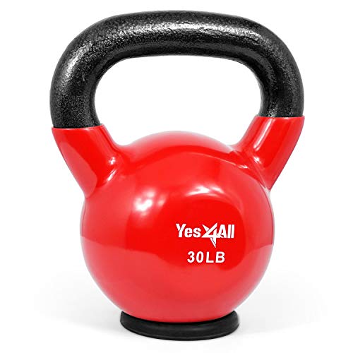Yes4All K23E Kettlebell de hierro fundido con revestimiento de vinilo y base de goma protectora, rojo, 13,6 kg