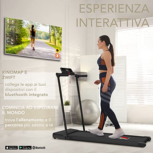 YM Next 1000 Cinta Roulant Electrica Plegable, Marca de Calidad Italiana, Ahorro de Espacio, Robusto, Marco Reforzado, App Kinomap & ZWIFT, 12 Programas de Entrenamiento, Negro