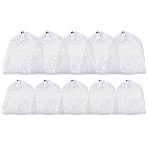 10 Bolsas de Malla de Nylon Blanco con Cordón, Portátil Bolsa Malla, Juego de Bolsas de Malla de PoliéSter, Organizador de Bolsa Rejilla para Pelotas, Juguetes, Fruta y Ropa (5x 18*25cm, 5x 25*30cm)