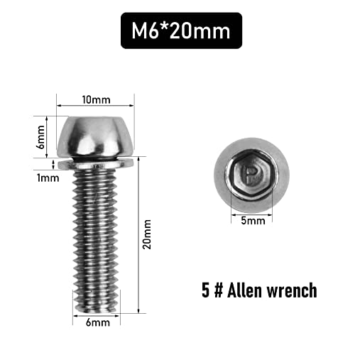 10 Piezas Pernos de Vástago de Bicicleta, M6x20mm Bicicleta Disco Freno Pinza Tornillos, Tornillos de Vástago de Bicicleta con Arandelas, Tornillos para Potencia de Bicicleta de Montaña (Black)