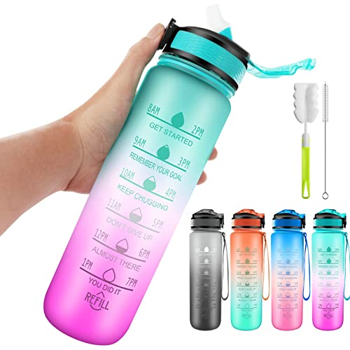 1000ml Botella Agua Deporte, Botella Agua Motivacional, Sin BPA & Prueba de Fugas, Incluye Cepillo de Limpieza, Gimnasio, Running, Niños, Bicicleta