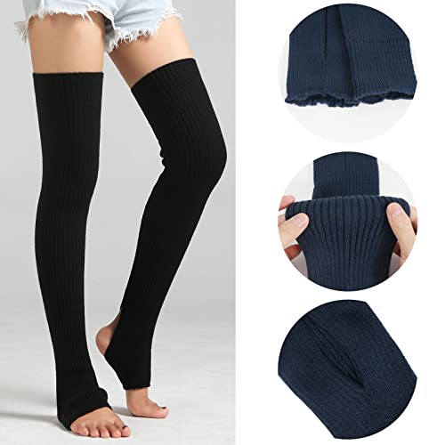 2 Pares Calentadores Piernas Mujer, Calcetines de Punto para Invierno, Calcetines de Yoga Pata arranque de los puños Calientapiernas Largo Ganchillo Cubierta para Botas y Botines Negro, azul denim