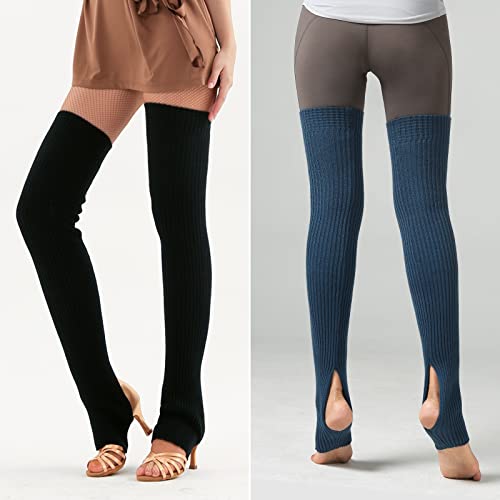 2 Pares Calentadores Piernas Mujer, Calcetines de Punto para Invierno, Calcetines de Yoga Pata arranque de los puños Calientapiernas Largo Ganchillo Cubierta para Botas y Botines Negro, azul denim