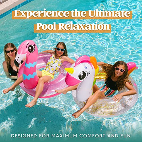 2 Pcs Flotador Inflable de Piscina de Unicornio y Flamenco con Purpurina, Colchoneta Hinchable Piscina Tubos de Natación para Flotar, Divertidos Flotadores de Playa,
