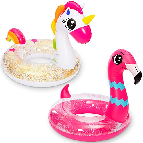 2 Pcs Flotador Inflable de Piscina de Unicornio y Flamenco con Purpurina, Colchoneta Hinchable Piscina Tubos de Natación para Flotar, Divertidos Flotadores de Playa,
