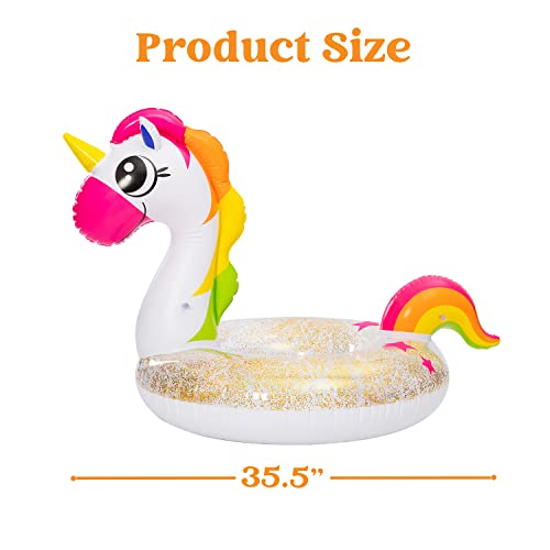 2 Pcs Flotador Inflable de Piscina de Unicornio y Flamenco con Purpurina, Colchoneta Hinchable Piscina Tubos de Natación para Flotar, Divertidos Flotadores de Playa,