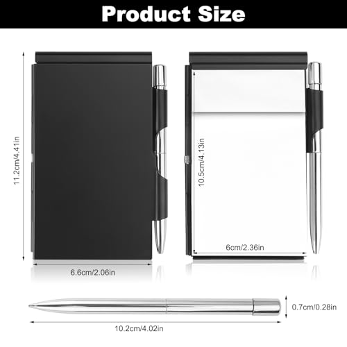 2 Piezas Cuaderno de Bolsillo Pequeño de Metal, Libreta Pequeña de Bolsillo con Bolígrafo, Juego de Mini Bloc de Notas de Bolsillo de Aluminio con Tapa, para Oficinas, Escuelas, Restaurantes (Negro)