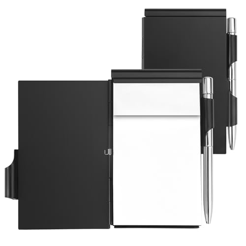 2 Piezas Cuaderno de Bolsillo Pequeño de Metal, Libreta Pequeña de Bolsillo con Bolígrafo, Juego de Mini Bloc de Notas de Bolsillo de Aluminio con Tapa, para Oficinas, Escuelas, Restaurantes (Negro)