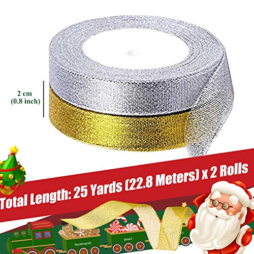 2 Rollos Cinta Navideña para Envolver Regalos, Cinta Navideña de Organza para Manualidades, Cintas Navideñas Anchas Doradas y Plateadas para Navidad árbol Coronas Tartas Lazos Decor (2cm, 50yardas)