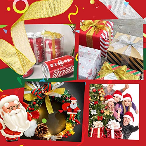 2 Rollos Cinta Navideña para Envolver Regalos, Cinta Navideña de Organza para Manualidades, Cintas Navideñas Anchas Doradas y Plateadas para Navidad árbol Coronas Tartas Lazos Decor (2cm, 50yardas)