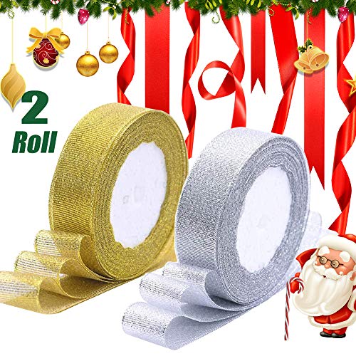 2 Rollos Cinta Navideña para Envolver Regalos, Cinta Navideña de Organza para Manualidades, Cintas Navideñas Anchas Doradas y Plateadas para Navidad árbol Coronas Tartas Lazos Decor (2cm, 50yardas)