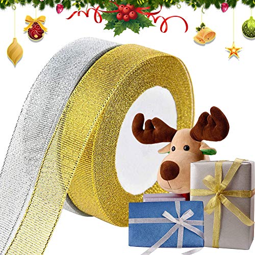 2 Rollos Cinta Navideña para Envolver Regalos, Cinta Navideña de Organza para Manualidades, Cintas Navideñas Anchas Doradas y Plateadas para Navidad árbol Coronas Tartas Lazos Decor (2cm, 50yardas)