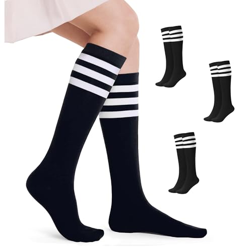 3 Pares Calcetines Largos Mujer Niñas Negras Rayas Blancas Algodón Hasta la Rodilla, Uniforme Escuela Futbol Retro 70s Medias Largas Miercoles Disfraz Familia Addams