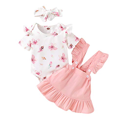 3 Piezas Conjunto Ropa Bebe Niña 0-3 Meses Verano Vestidos Algodon Mono de Floral+Falda de Tirantes+Banda de Pelo para 0-18 Meses Recien Nacido Niño (0-3 Meses, Rosa)