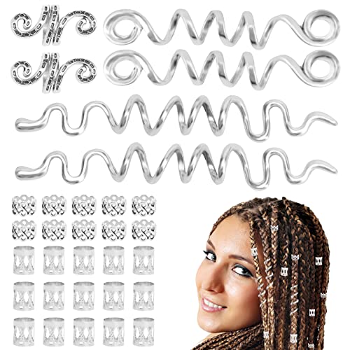 31 Piezas Anillos para Trenzas Adornos para el Pelo, Hip-Hop Anillos Ajustables Vikingos Accesorios para el Cabello Clips de Pelo Trenzas de Metal Hippie Hombres/Mujeres, Plateada