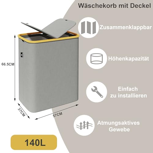 ADEL DREAM Cesta de lavandería con tapa, 2 compartimentos, bolsa estrecha - colector, pecho gris oscuro 140L