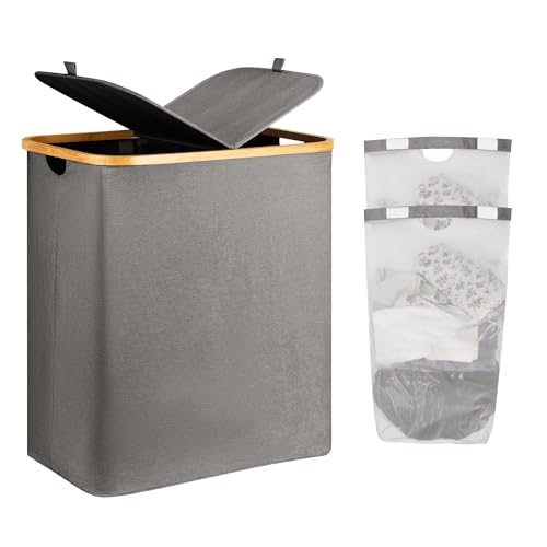 ADEL DREAM Cesta de lavandería con tapa, 2 compartimentos, bolsa estrecha - colector, pecho gris oscuro 140L