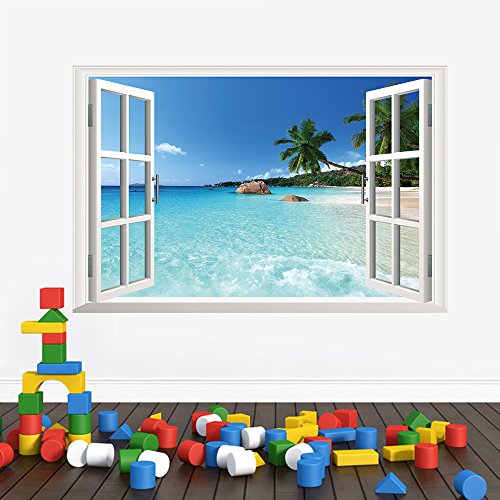 Adhesivo de vinilo para pared, mural ventana 3D de paisaje de playa para decoración del hogar