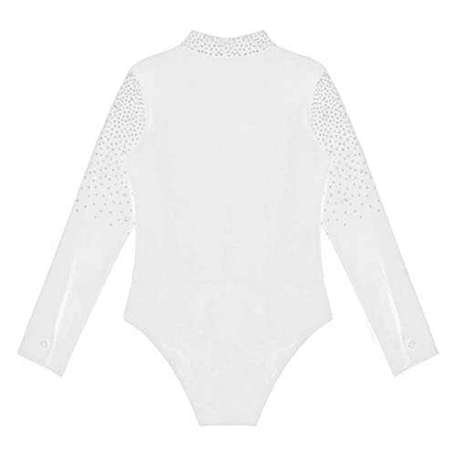 Agoky Camisas Baile de Manga Larga para Niños con Cuello en V y Pedrería Brillante Maillot de Danza Moderna Latina Ropa de Baile Competición 5-16 Años Blanco 5-6 años