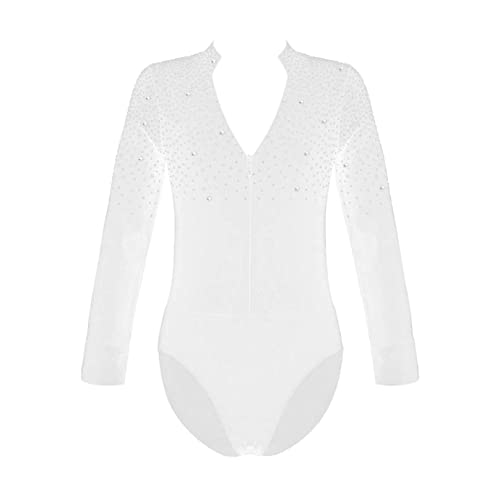 Agoky Camisas Baile de Manga Larga para Niños con Cuello en V y Pedrería Brillante Maillot de Danza Moderna Latina Ropa de Baile Competición 5-16 Años Blanco 5-6 años