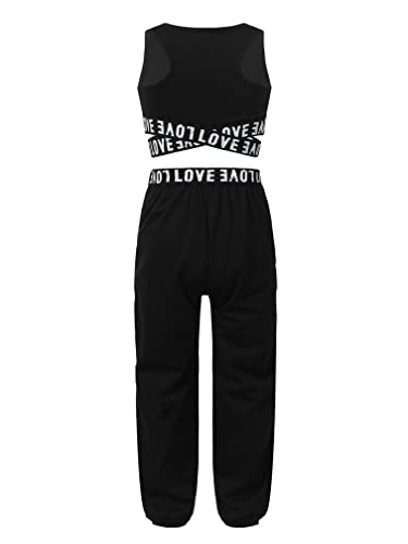 Agoky Conjunto de Deportivo para Niñas Crop Top Corto y Pantalones Largos de Cargo Holgados con Bolsillos Ropa de Baile Moderno Hiphop Negro 9-10 años