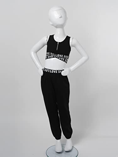 Agoky Conjunto de Deportivo para Niñas Crop Top Corto y Pantalones Largos de Cargo Holgados con Bolsillos Ropa de Baile Moderno Hiphop Negro 9-10 años