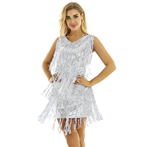 Agoky Vestido de Baile Latino Flecos para Mujer Vestido de Danza Tango Rumba Lentejuelas Traje de Baile Salsa Samba Disfraz de Bailarina Fiesta Plateado L