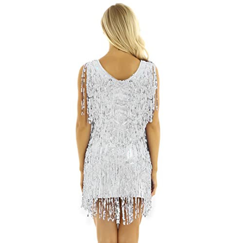 Agoky Vestido de Baile Latino Flecos para Mujer Vestido de Danza Tango Rumba Lentejuelas Traje de Baile Salsa Samba Disfraz de Bailarina Fiesta Plateado L