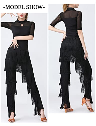 AIEOE Pantalones de Baile Latino para Mujer con Borla Elástica para Adulto Profesional con Flecos Rumba Tango Talla S Negro