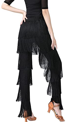 AIEOE Pantalones de Baile Latino para Mujer con Borla Elástica para Adulto Profesional con Flecos Rumba Tango Talla S Negro