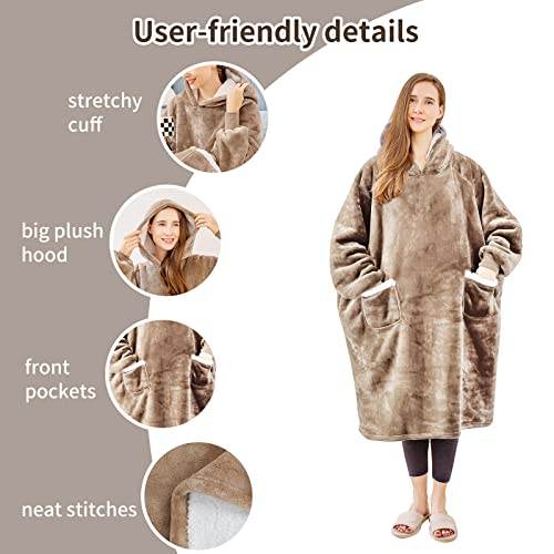 Aisbo Batamanta Mujer Invierno Gruesa - Bata Manta Polar Hombre Sherpa, Sudadera Manta Borreguito con Mangas y Capucha, Buen Regalo para Mujer y Hombre(130x82cm, Marrón)