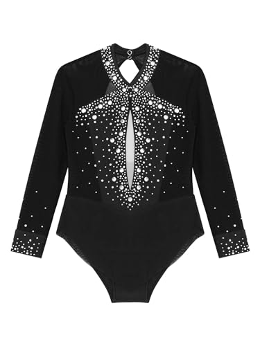 Aislor Maillot de Danza Ballet para Niña Maillot de Encaje Malla Manga Larga Leotardo Monos de Baile sin Espalda de Moda Body de Gimnasia Chica Bailarina Princesa Fiesta Negro G 13-14 años