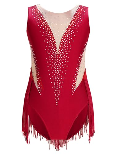 Aislor Traje De Rendimiento Brillante para Niñas Leotardo Baile Latino Patinaje Artístico Ropa de Baile Disfraz Patinaje Body Clásico Elástico borgoña 11-12 años