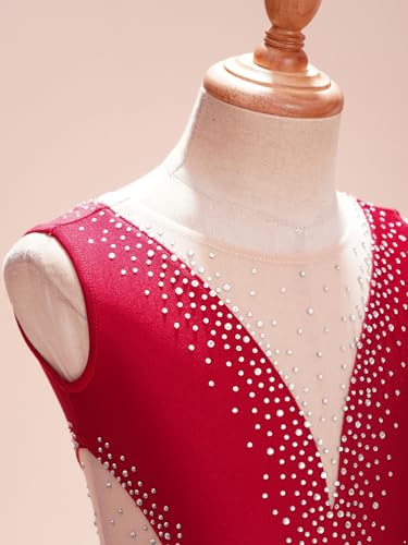 Aislor Traje De Rendimiento Brillante para Niñas Leotardo Baile Latino Patinaje Artístico Ropa de Baile Disfraz Patinaje Body Clásico Elástico borgoña 11-12 años