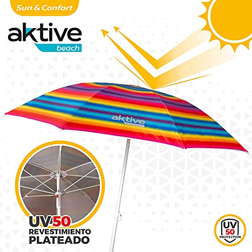 Aktive 62217 - Sombrilla de playa, Ø180 cm, con protección UV filtro 50, mástil Ø22-25 mm, incluye bolsa para transportarla, Sombrilla playa plegable, Aktive Beach