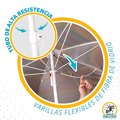 Aktive 62217 - Sombrilla de playa, Ø180 cm, con protección UV filtro 50, mástil Ø22-25 mm, incluye bolsa para transportarla, Sombrilla playa plegable, Aktive Beach