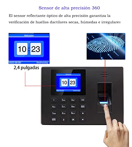 Aktivstar Control Horario Empleados, Reloj de Fichar con Pantalla LCD, Memoria USB de 8GB, Máquina de Asistencia Biométrica con Capacidad de 1000 Huellas, Sistema Española
