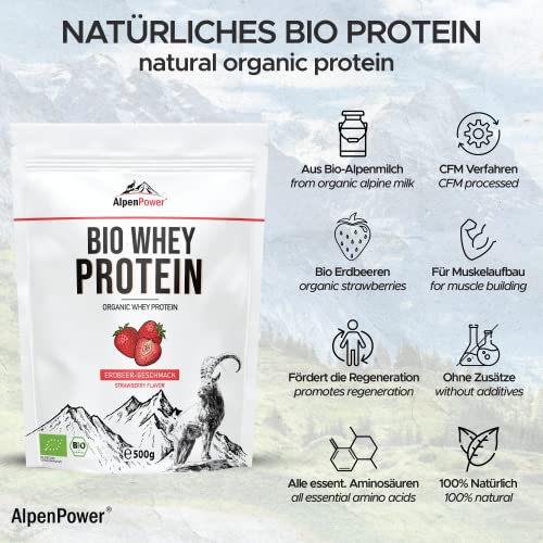 AlpenPower Proteína Whey Orgánico sabor Fresa 500 g - Ingredientes 100% naturales y sin aditivos - Proteína CFM en polvo procedente de la mejor leche alpina ecológica