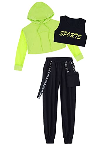 Alvivi Conjunto de Chándal para Niñas Sudadera Deportiva de Manga Larga y Pantalones Cargos de Hip Hop Street Dance Traje de Baile Callejero 3-16 Años Verde 8 años