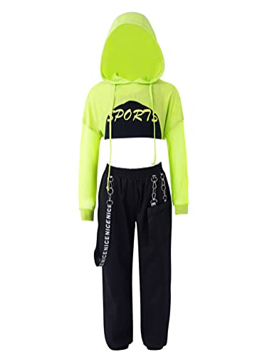 Alvivi Conjunto de Chándal para Niñas Sudadera Deportiva de Manga Larga y Pantalones Cargos de Hip Hop Street Dance Traje de Baile Callejero 3-16 Años Verde 8 años