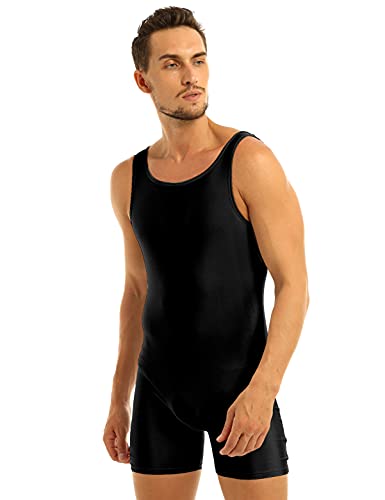 Alvivi Maillot Elástico de Gimnasia Hombre Adulto Body Leotardos Ritmica Danza Ballet sin Mangas Una Pieza Mono Liso Men Unitard Ropa Interior Deporte para Hombre Negro X-Large