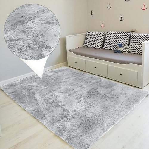 Amazinggirl Alfombra Pelo Largo 200 x 300 cm - Alfombras Salon Modernas Comedor Alfombra Grande pie de Cama Gris – Blanco