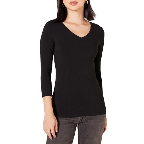 Amazon Essentials Camiseta de Cuello en Pico, Manga 3/4 y Ajuste Clásico (Disponible en Tallas Grandes) Mujer, Negro, S