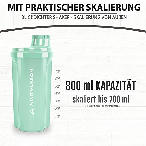 AMITYUNION Coctelera de proteínas 700 ml Heaven a prueba de fugas, sin BPA con tamiz y escala que se pueden hacer clic para batidos cremosos de suero, mezclador de proteínas, original en Azul menta