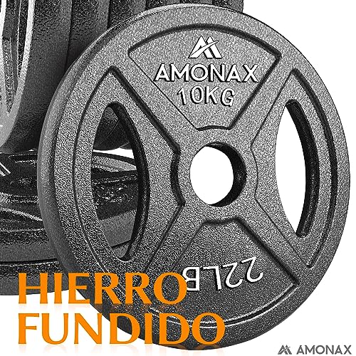 Amonax discos pesas, 2,5kg, 5kg, 10kg discos mancuernas para barras olimpicos 50mm, discos de pesas metálicas para levantamiento y empuje de cadera, placas de hierro fundido para gimnasio en casa