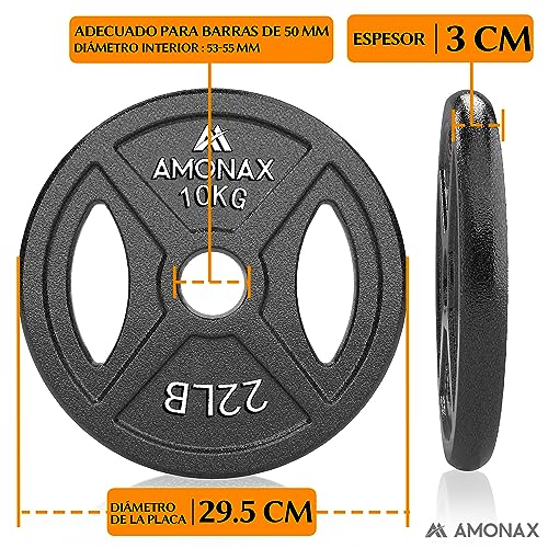 Amonax discos pesas, 2,5kg, 5kg, 10kg discos mancuernas para barras olimpicos 50mm, discos de pesas metálicas para levantamiento y empuje de cadera, placas de hierro fundido para gimnasio en casa